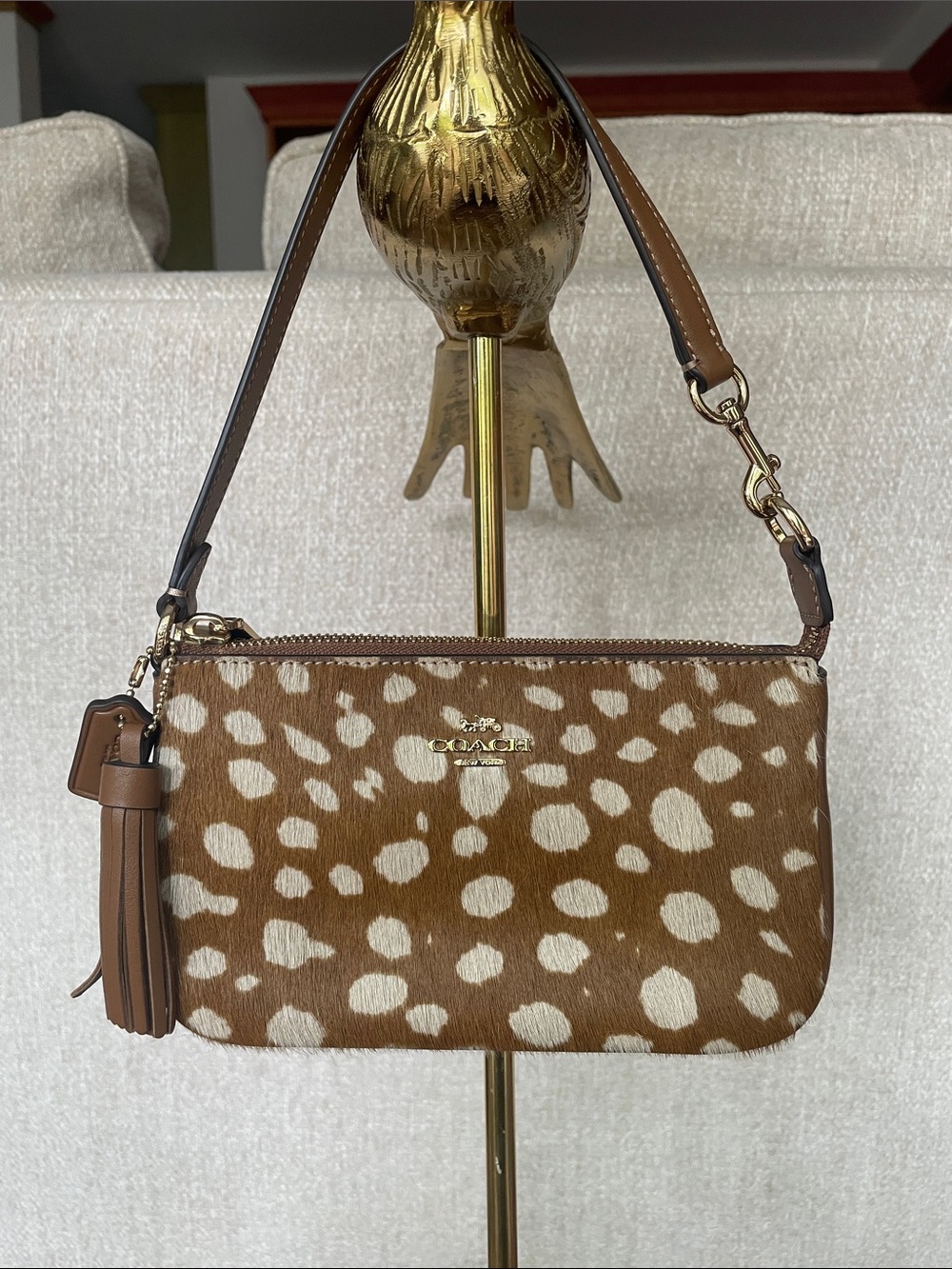 NWT Coach Brown and White Spotted Calfhair DEER Purse with Tassel Hangtag